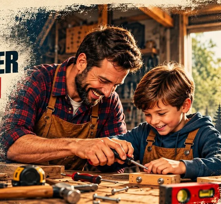 Father and son working together in a home workshop