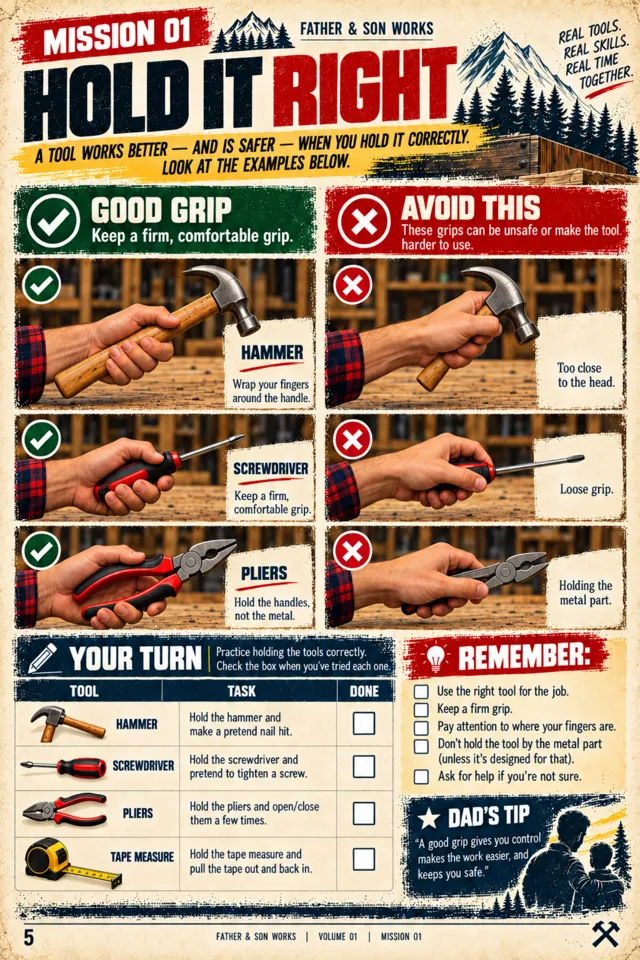 Mission 01: Hold It Right, showing correct grips for a hammer, screwdriver and pliers