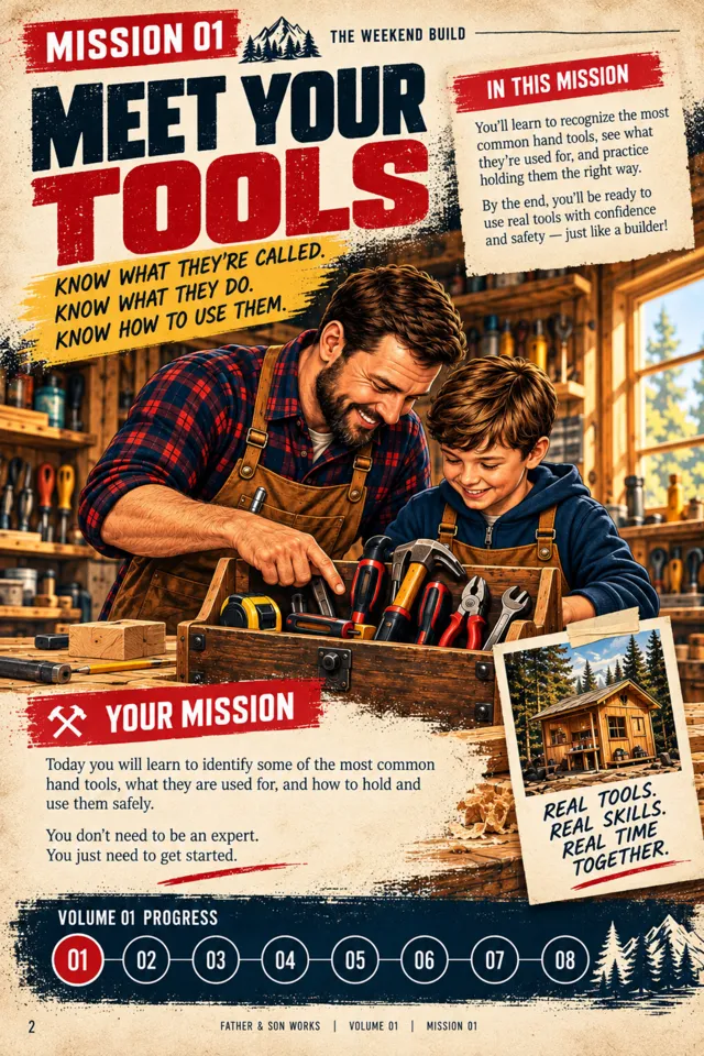 Mission 01: Meet Your Tools, with Dad and son identifying hand tools